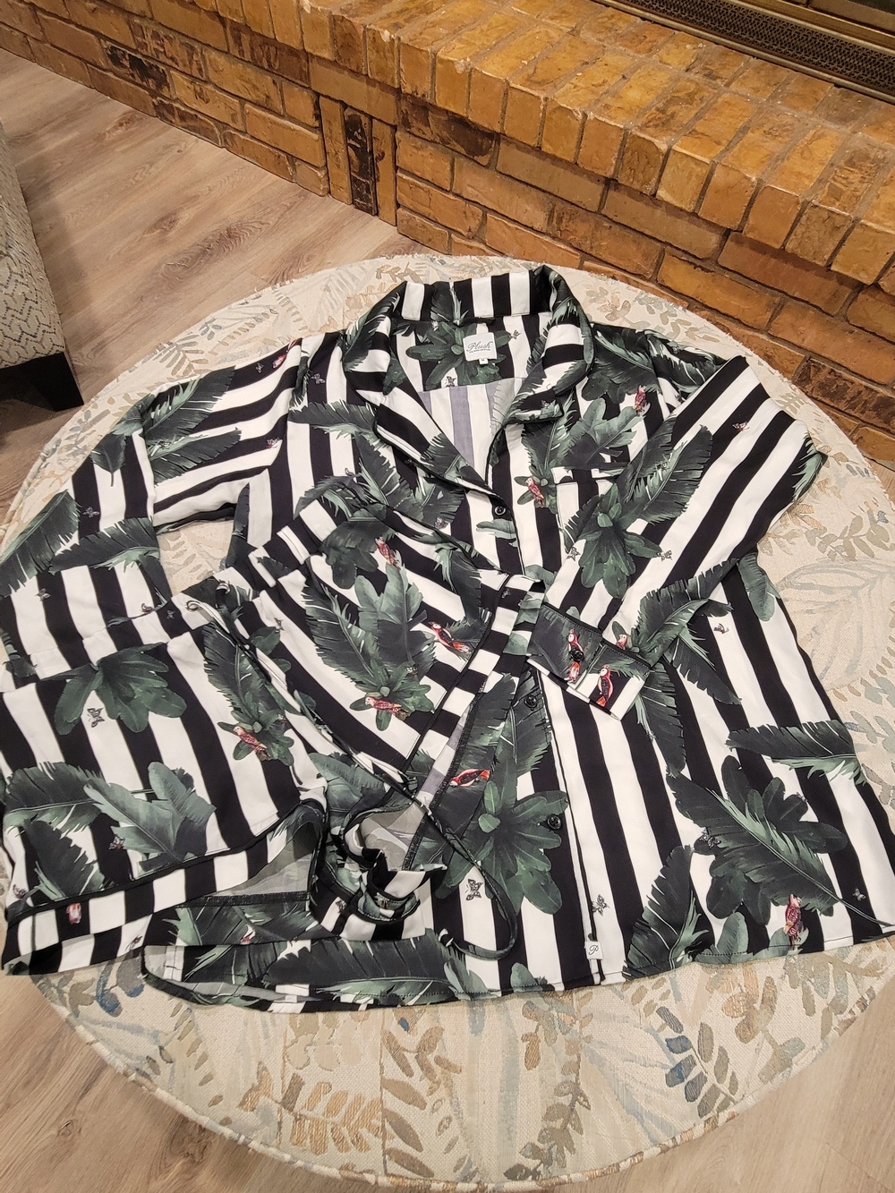 Plush Black and White Striped Top with Green Leaf Print